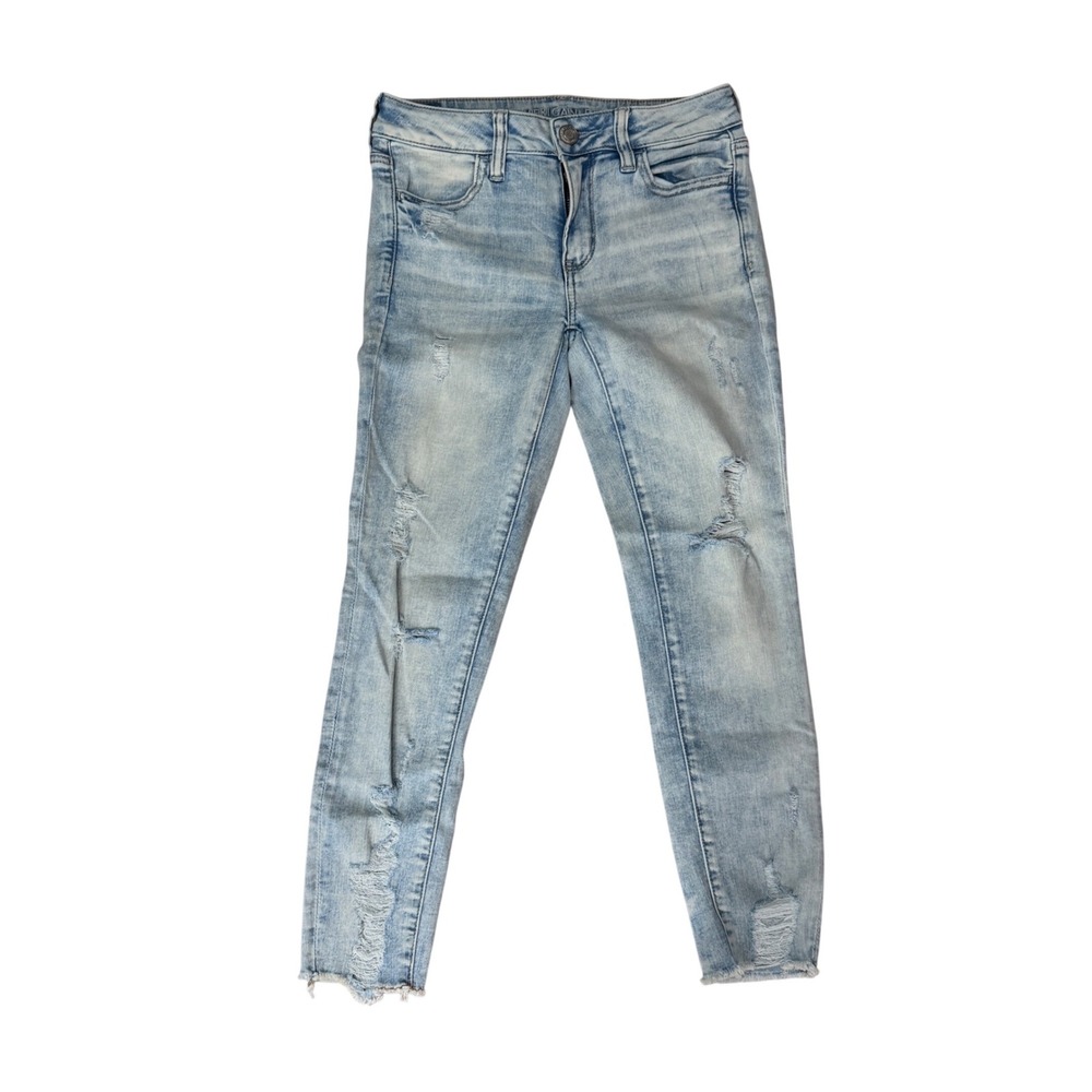 American Eagle Jegging Crop Womens 4 Short Distressed Raw Hem Light Wash Blue